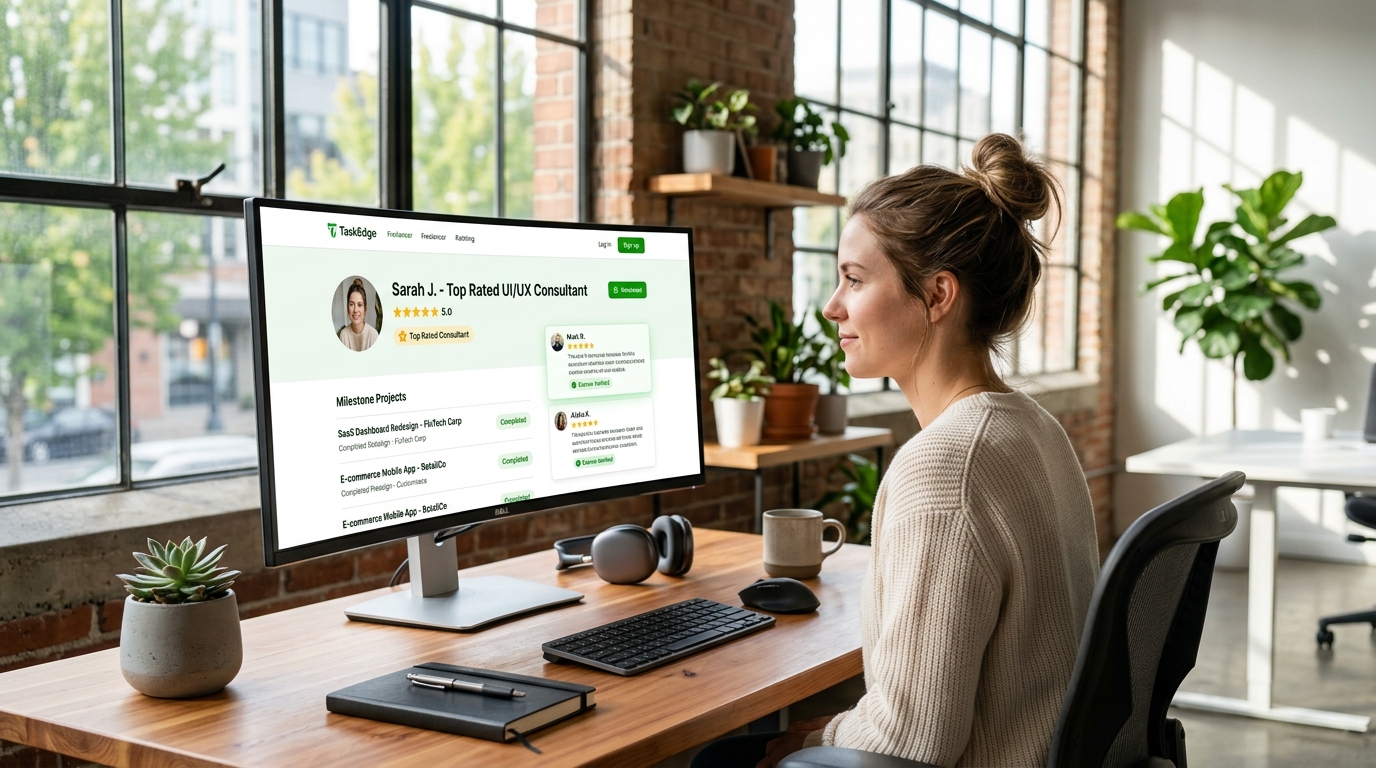 Freelance consultant in sunlit studio admiring her verified 5-star TaskEdge public profile with milestone proof and client reviews